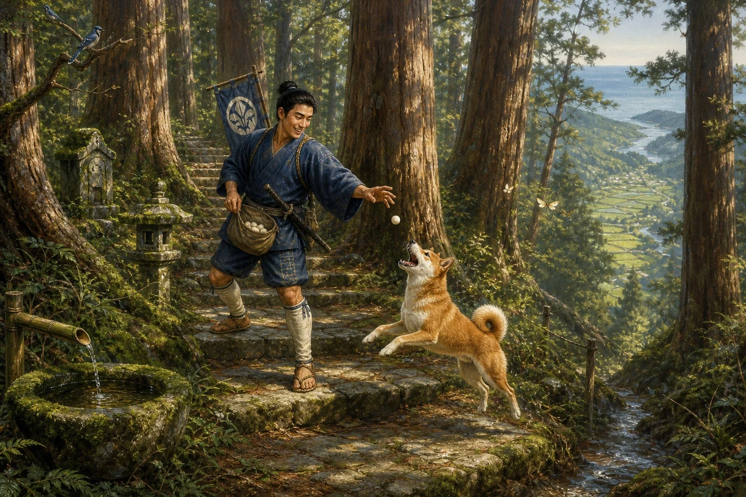 The road went up out of the valley into the mountains, under tall cedars with moss on their roots, and at a bend in the path a dog came out of the undergrowth…