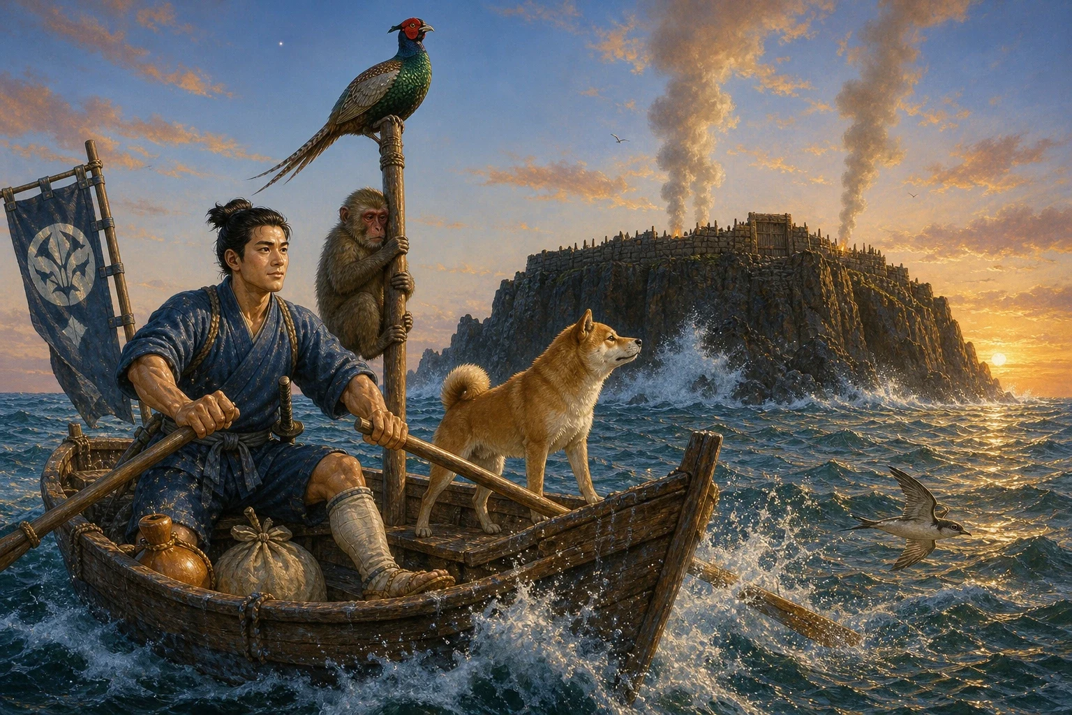 The fishermen on the shore would not take them, because no fisherman in his right mind went anywhere near that island, but one of them lent Momotaro a boat and…