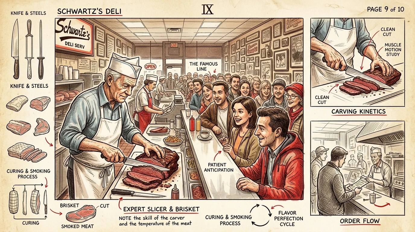 Schwartz's Deli 是蒙特利尔的一家老字号,自一千九百二十八年起就开始供应其著名的熏肉。他们成功的秘诀在于独特的香料配方和熟成工艺。 Schwartz's Deli 是蒙特利尔的一家老字号,自一千九百二十八年起就开始供应其著名的熏肉。他们成功的秘诀在于独特的香料配方和熟成工艺。