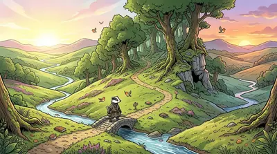 Days turned into weeks as Barnaby traveled, his map his only guide. He crossed babbling brooks, scaled rocky hills, and navigated dense thickets. Days turned into weeks as Barnaby traveled, his map his only guide. He crossed babbling brooks, scaled rocky hills, and navigated dense thickets.