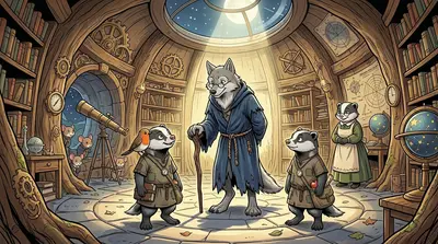 The shadowy figure chuckled, and the shadows around him seemed to dissipate, revealing an elderly wolf with kind eyes and a long, grey muzzle. The shadowy figure chuckled, and the shadows around him seemed to dissipate, revealing an elderly wolf with kind eyes and a long, grey muzzle.