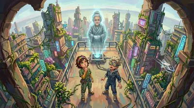 突然，港口上方闪烁着一个全息图像——一个老妇人的幽灵般的身影。“寻求者们，你们好。”全息影像沙哑地说，她的声音因静电而噼啪作响。“你们已经唤醒了档案。