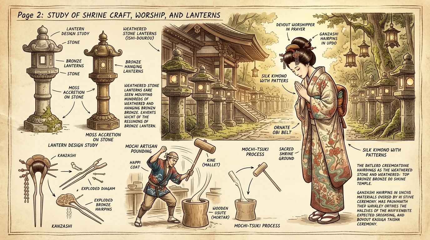 春日大社以其数千盏石灯笼和铜灯笼而闻名,照亮了奈良的精神核心。身着传统和服的信徒们在宁静的氛围中祈祷。这座神社是神道教信仰在日本文化中持久影响力的典… 春日大社以其数千盏石灯笼和铜灯笼而闻名,照亮了奈良的精神核心。身着传统和服的信徒们在宁静的氛围中祈祷。这座神社是神道教信仰在日本文化中持久影响力的典…