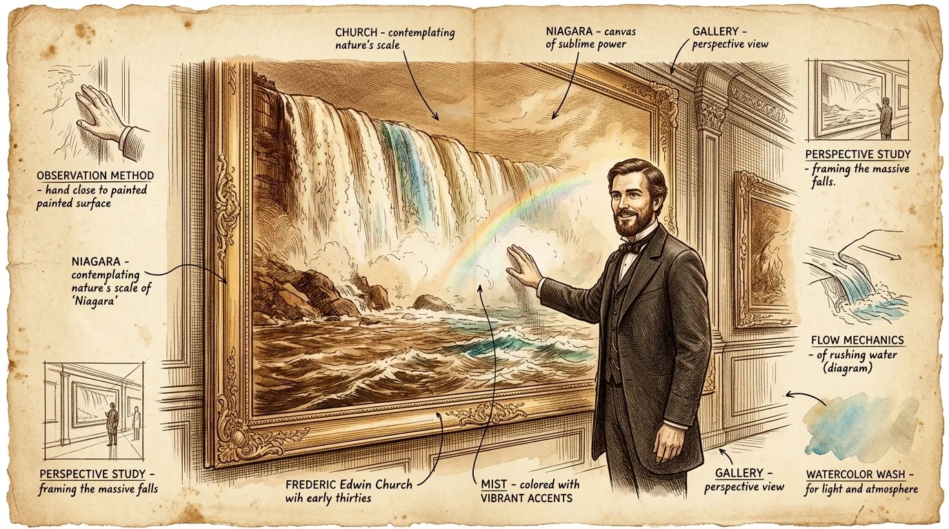 Frederic Edwin Church, a leading figure of the Hudson River School, stands before his monumental canvas, 'Niagara.' Completed in 1857, this painting captured… Frederic Edwin Church, a leading figure of the Hudson River School, stands before his monumental canvas, 'Niagara.' Completed in 1857, this painting captured…