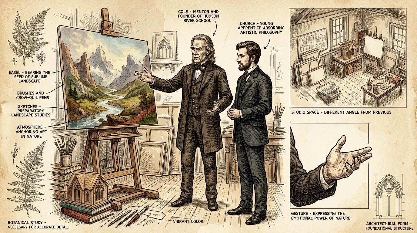 Years later, Frederic is a young man, apprenticed to Thomas Cole, the founder of the Hudson River School. Cole emphasizes the importance of conveying not just… Years later, Frederic is a young man, apprenticed to Thomas Cole, the founder of the Hudson River School. Cole emphasizes the importance of conveying not just…
