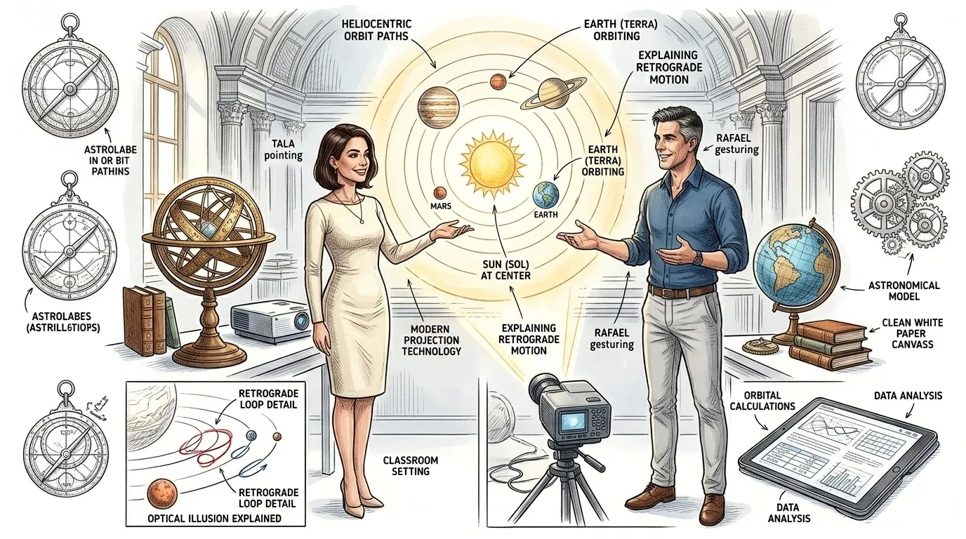 哥白尼提出了一种全新的宇宙学说：日心说，即太阳而非地球位于宇宙的中心。他推测地球与其他行星都围绕太阳运转，而地球绕其轴心自转则解释了恒星的日常运动。