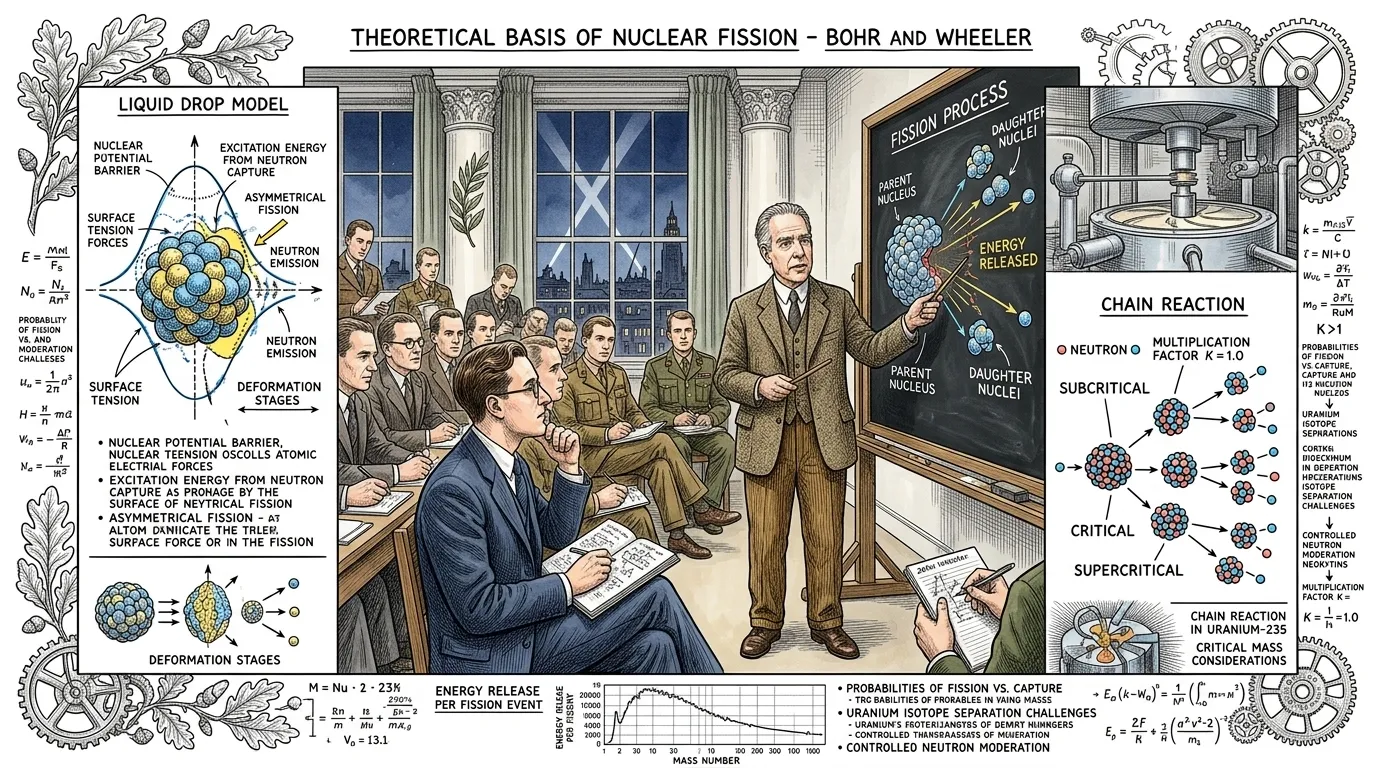 Bohr's contributions extended beyond the atom's electron shell. With John Wheeler in 1939, he developed the 'liquid drop model' of the atomic nucleus, a… Bohr's contributions extended beyond the atom's electron shell. With John Wheeler in 1939, he developed the 'liquid drop model' of the atomic nucleus, a…