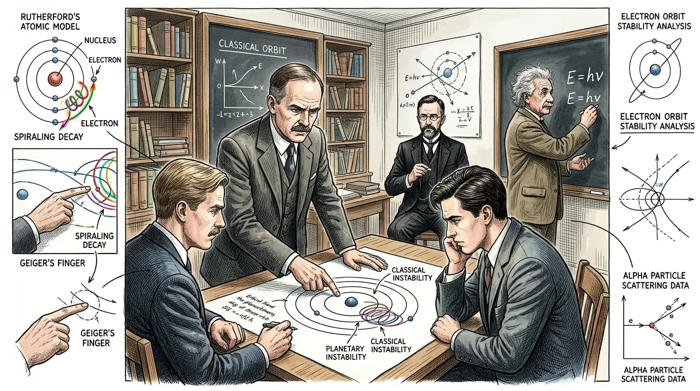 Before Bohr, the prevailing model from Ernest Rutherford depicted a miniature solar system: electrons orbiting a dense, positively charged nucleus. Before Bohr, the prevailing model from Ernest Rutherford depicted a miniature solar system: electrons orbiting a dense, positively charged nucleus.