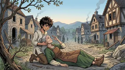 카이가 로완 옆에 무릎을 꿇고 그녀의 머리를 부드럽게 받쳤습니다. "카이, 네가 우리를 구했어." 그녀가 힘없는 목소리로 속삭였습니다.