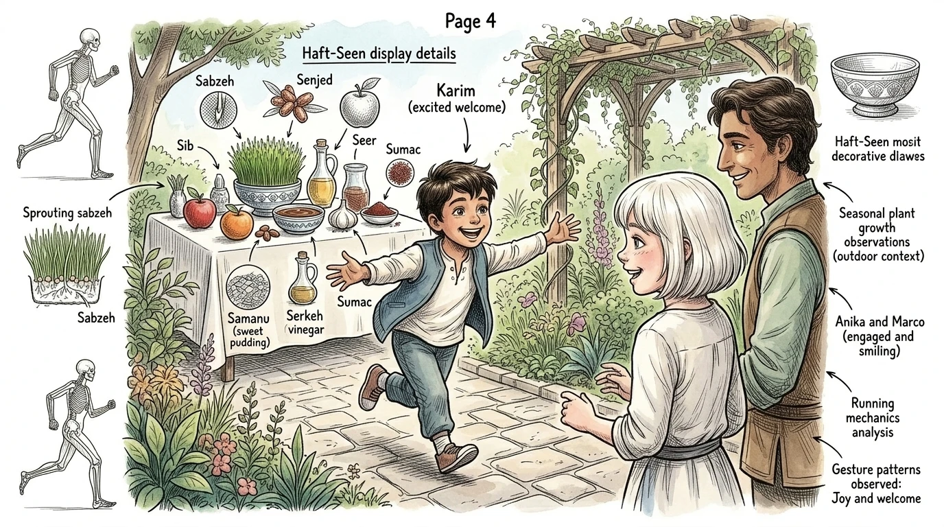 "Khaleh Anika! Khaleh Marco! Welcome to our Nowruz celebration!" A voice calls out. A young boy, Karim, runs towards them, his face beaming. "Khaleh Anika! Khaleh Marco! Welcome to our Nowruz celebration!" A voice calls out. A young boy, Karim, runs towards them, his face beaming.