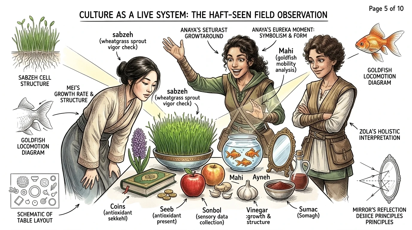 Anika points to a bowl of sprouting wheatgrass. "What's that?" Karim explains, "That's sabzeh! It symbolizes rebirth and renewal." He then gestures towards a… Anika points to a bowl of sprouting wheatgrass. "What's that?" Karim explains, "That's sabzeh! It symbolizes rebirth and renewal." He then gestures towards a…