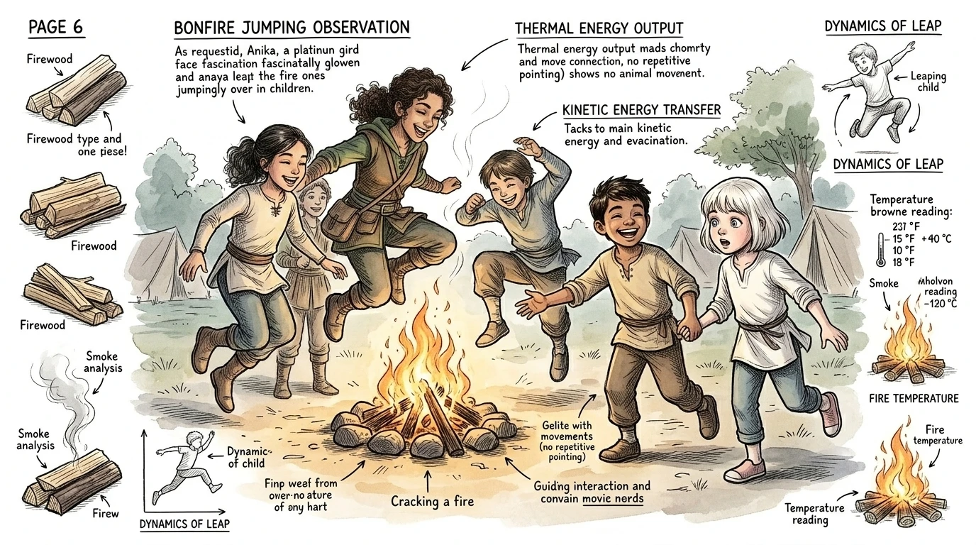 As they explore, Anika notices a group of children gathered around a fire, jumping over it. "What are they doing?" she asks. As they explore, Anika notices a group of children gathered around a fire, jumping over it. "What are they doing?" she asks.