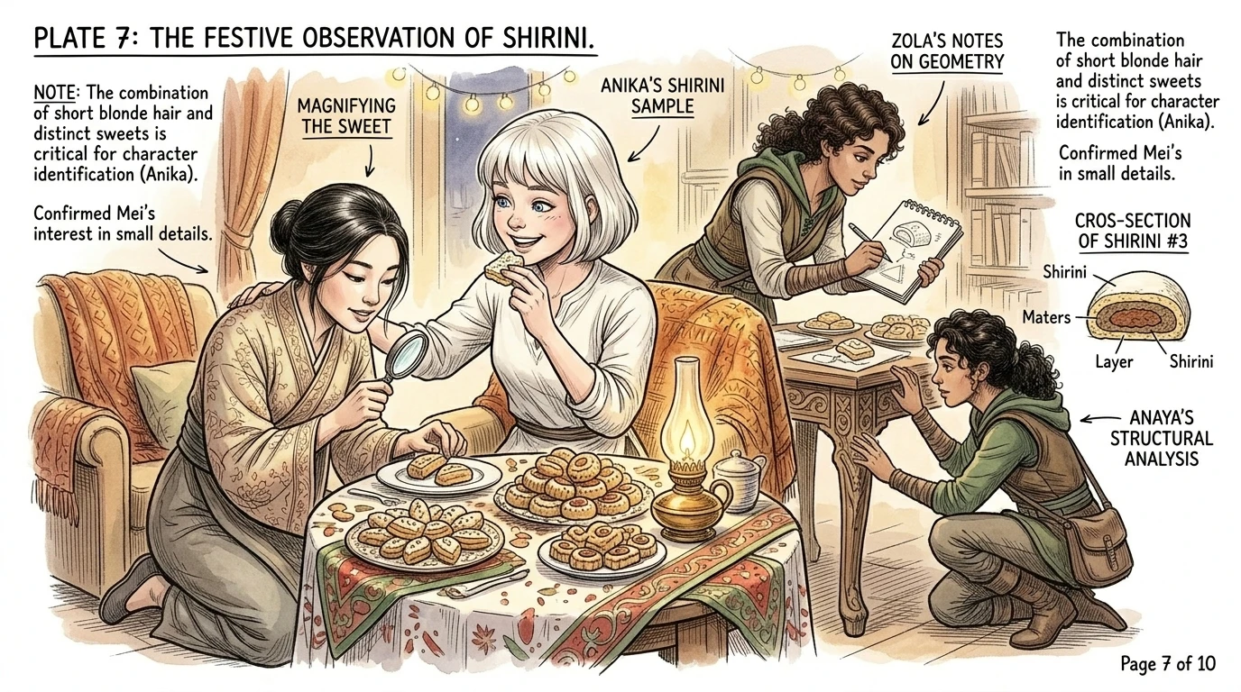 Later, while enjoying some delicious Shirini, Anika turns to Marco, "It's amazing how they celebrate the new year." Marco nods. Later, while enjoying some delicious Shirini, Anika turns to Marco, "It's amazing how they celebrate the new year." Marco nods.