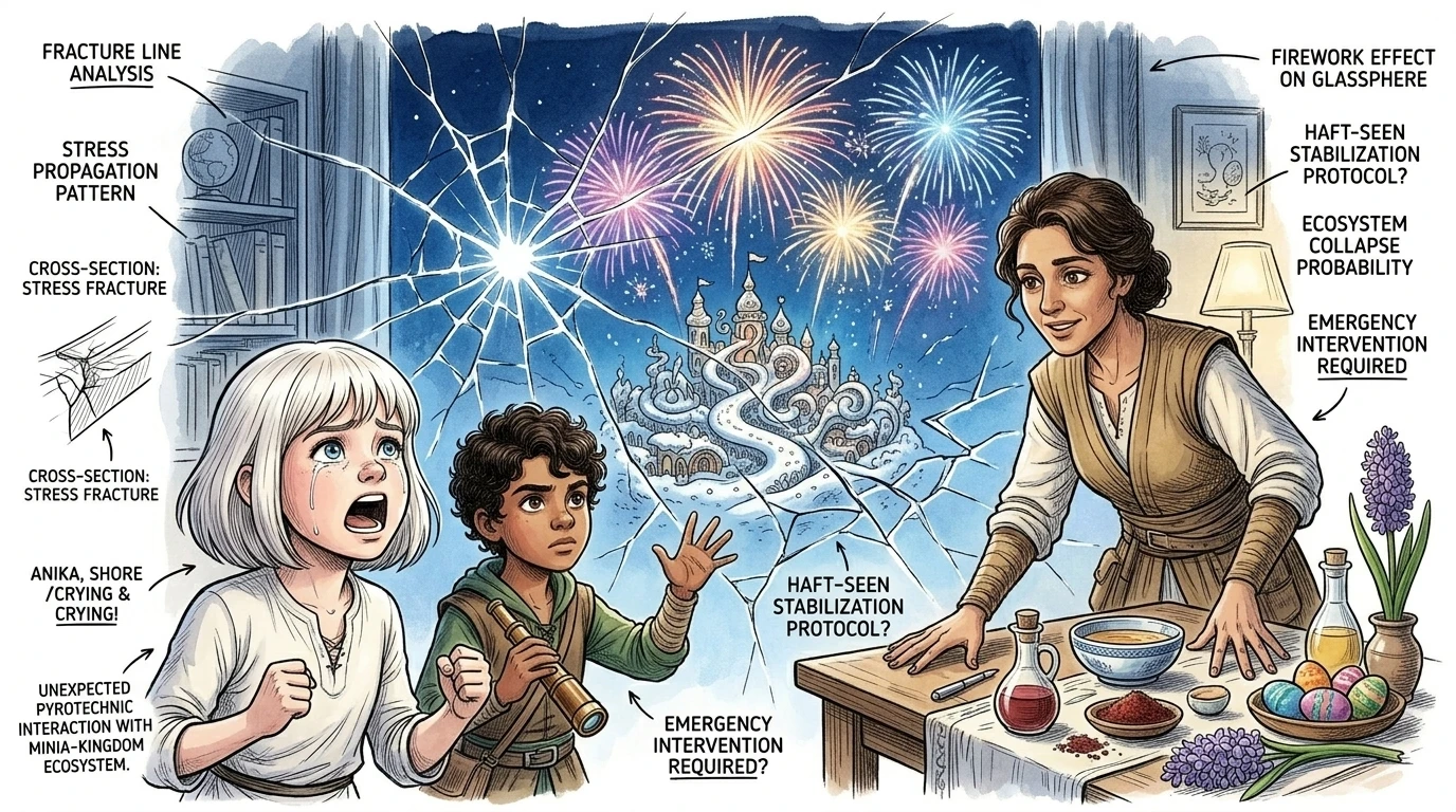 As night falls, the kingdom erupts in fireworks. But the glass of the snow globe starts to crack. "Oh, no! What's happening?" Anika cries out. As night falls, the kingdom erupts in fireworks. But the glass of the snow globe starts to crack. "Oh, no! What's happening?" Anika cries out.