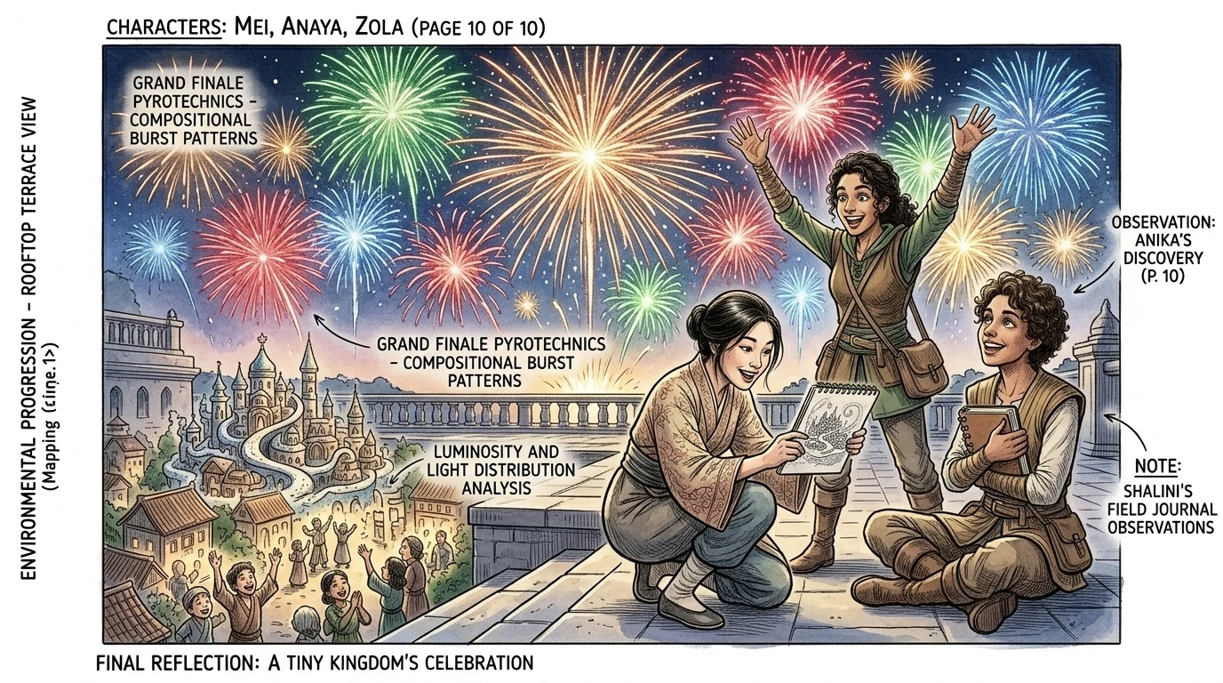 The fireworks reach their grand finale, illuminating the miniature kingdom and the faces of its joyful inhabitants. Anika smiles. The fireworks reach their grand finale, illuminating the miniature kingdom and the faces of its joyful inhabitants. Anika smiles.