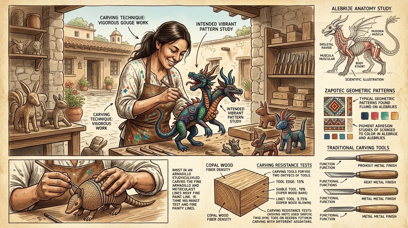 瓦哈卡以其阿莱布里赫(alebrijes)而闻名,这些色彩鲜艳、充满奇幻色彩的生物由柯巴木雕刻而成。这些异想天开的雕塑是技艺精湛的工匠的杰作,他们将… 瓦哈卡以其阿莱布里赫(alebrijes)而闻名,这些色彩鲜艳、充满奇幻色彩的生物由柯巴木雕刻而成。这些异想天开的雕塑是技艺精湛的工匠的杰作,他们将…