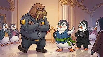 突然，一个粗哑的声音轰隆作响：“企鹅们，给我站住！”一头穿着保安制服的大海象笨拙地朝他们走来。“舞会画作是只为艺术家准备的！