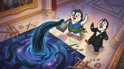 突然，画作《深渊之底》开始泛起涟漪。“哦不！画作正在吞噬画架！”奥维尔喊道。巨大的、阴影般的触手从画布中伸出，抓起艺术用品，将它们拖入墨黑的深处。