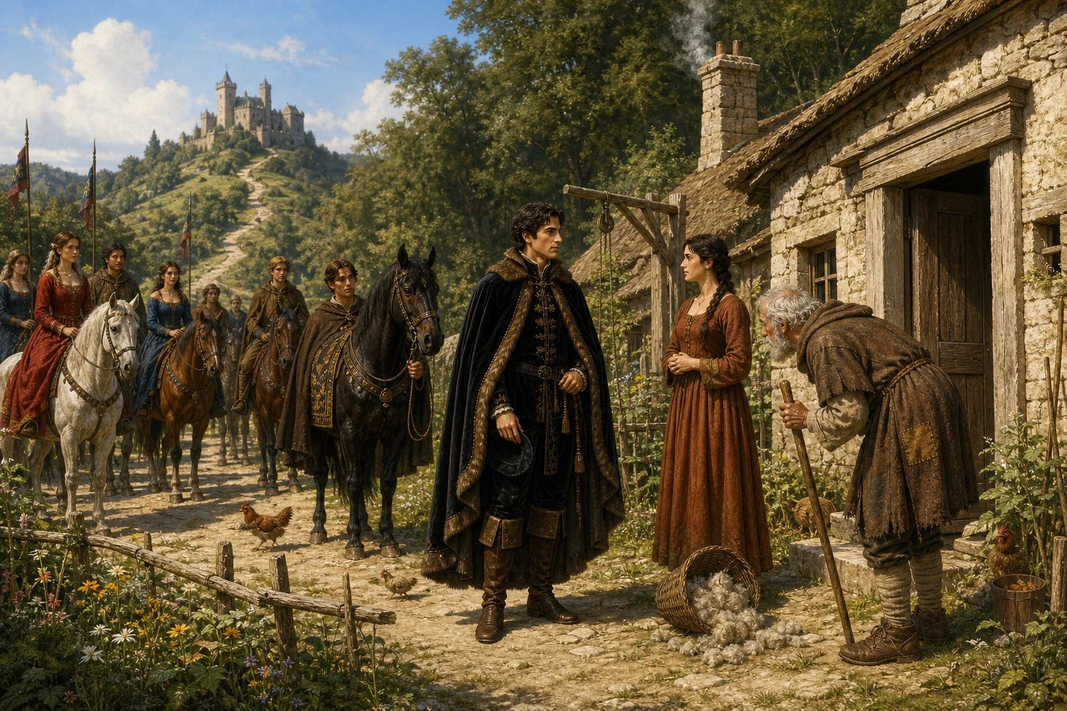 On the day he had chosen, Walter rode down from the castle with a company of knights and ladies, straight to Giannucole's cottage. On the day he had chosen, Walter rode down from the castle with a company of knights and ladies, straight to Giannucole's cottage.
