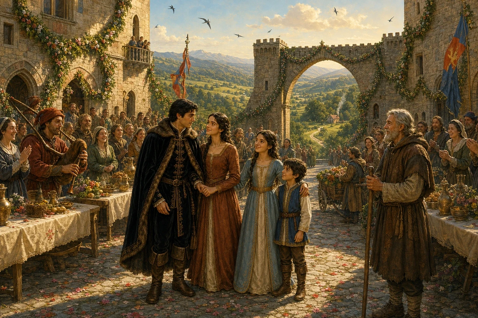 At the castle, everything had been made ready for the new wedding, and the whole valley came to see Walter's bride arrive. At the castle, everything had been made ready for the new wedding, and the whole valley came to see Walter's bride arrive.