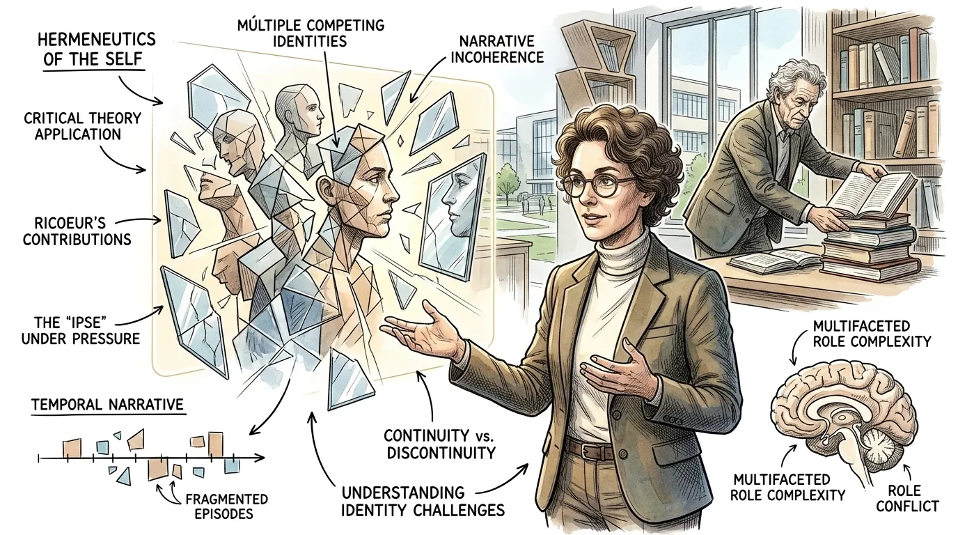 Dr. Reed turns to face an unseen audience, her expression thoughtful. "Before Ricoeur, modern thought often grappled with a fragmented self – a Cartesian 'I… Dr. Reed turns to face an unseen audience, her expression thoughtful. "Before Ricoeur, modern thought often grappled with a fragmented self – a Cartesian 'I…