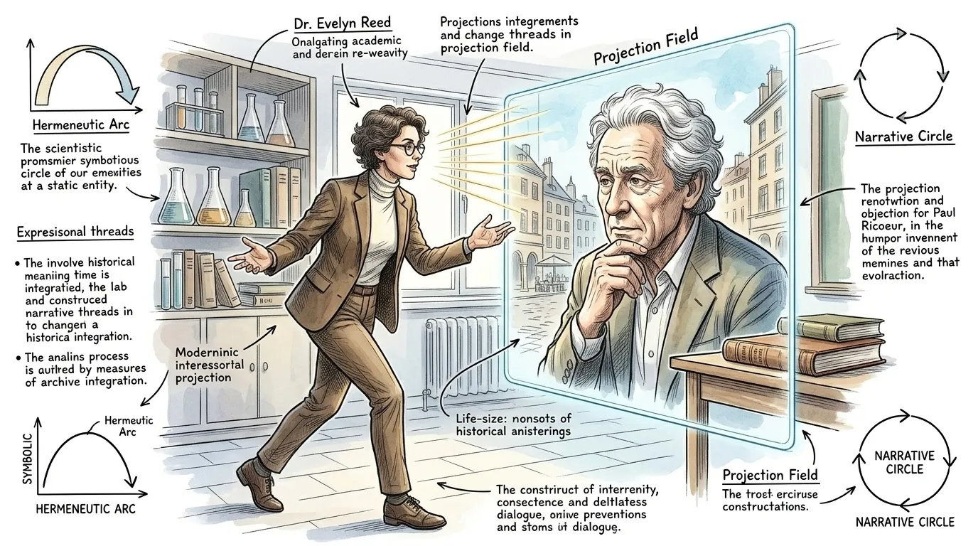 Dr. Reed steps towards a historical projection of Ricoeur, gesturing as if to engage him in dialogue. "Ricoeur synthesized phenomenology, the study of lived… Dr. Reed steps towards a historical projection of Ricoeur, gesturing as if to engage him in dialogue. "Ricoeur synthesized phenomenology, the study of lived…