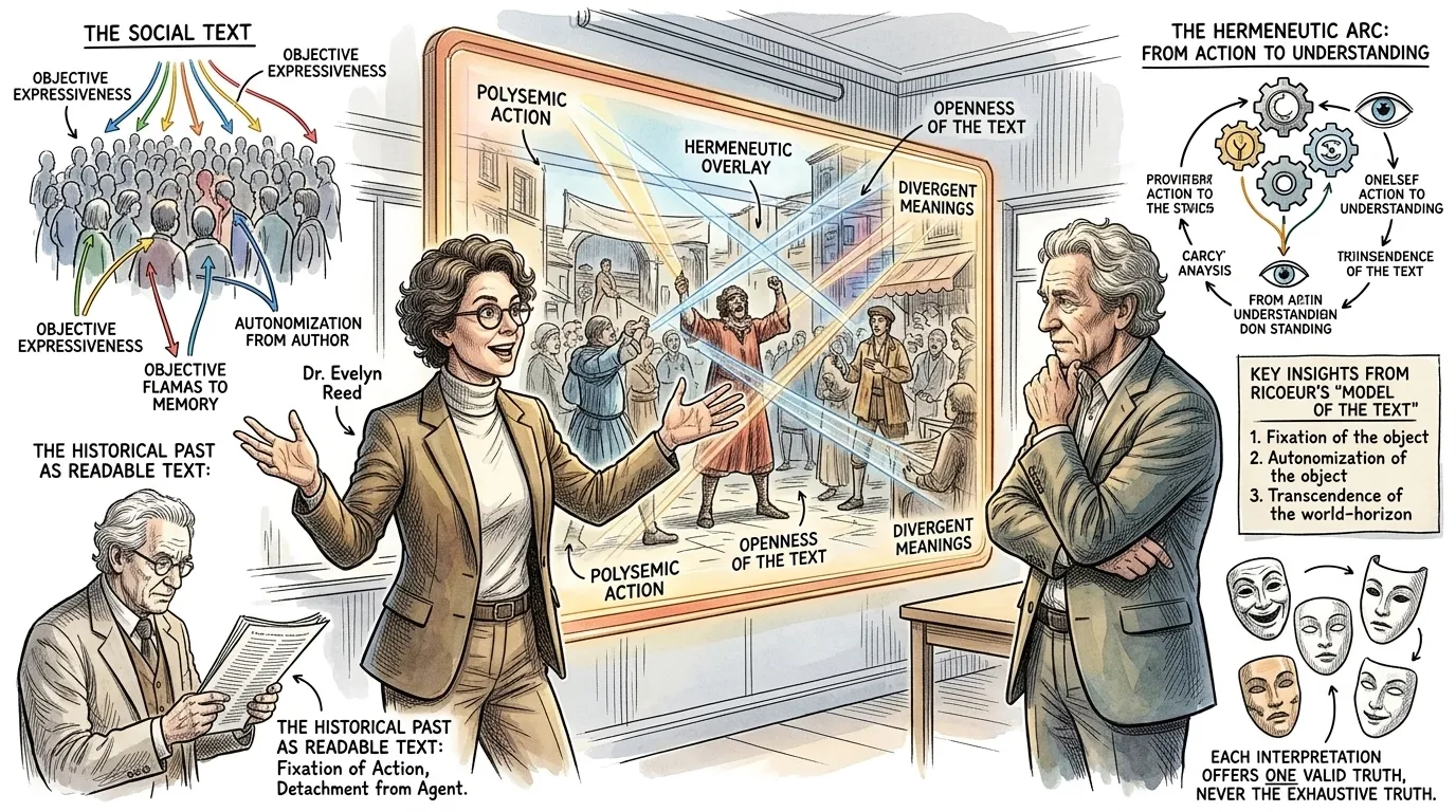 Dr. Reed gestures emphatically towards a vibrant display depicting a historical scene. "Ricoeur famously argued that human actions can be 'read' much like texts… Dr. Reed gestures emphatically towards a vibrant display depicting a historical scene. "Ricoeur famously argued that human actions can be 'read' much like texts…