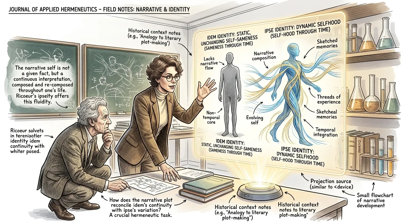 Dr. Reed points to a visual illustrating the fluid nature of selfhood. "Ricoeur distinguished between idem identity – the sameness of character or traits over… Dr. Reed points to a visual illustrating the fluid nature of selfhood. "Ricoeur distinguished between idem identity – the sameness of character or traits over…