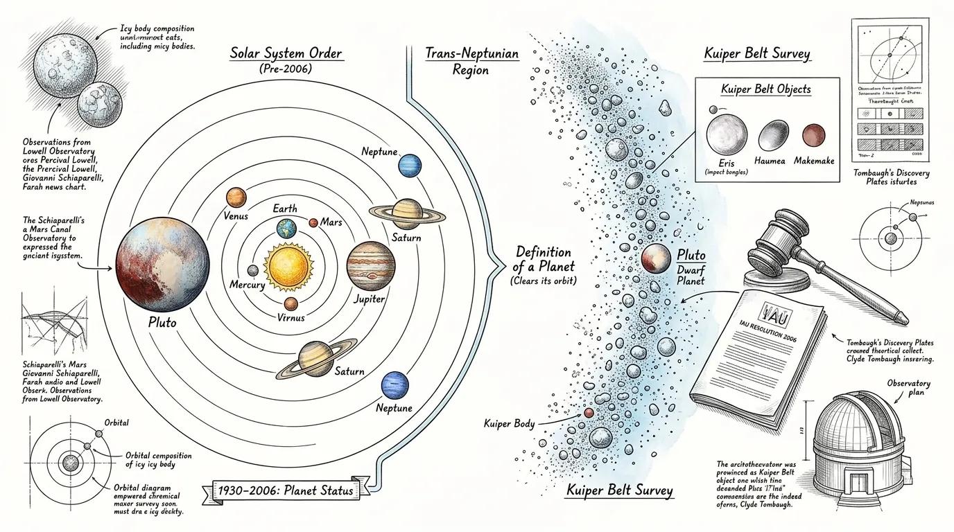 七十五年多来,冥王星一直保持着第九大行星的地位,直接实现了珀西瓦尔·洛厄尔寻找X行星的愿望。然而,随后的天文发现,特别是柯伊伯带中众多类似冰体的探测… 七十五年多来,冥王星一直保持着第九大行星的地位,直接实现了珀西瓦尔·洛厄尔寻找X行星的愿望。然而,随后的天文发现,特别是柯伊伯带中众多类似冰体的探测…