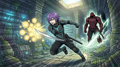 Laser fire scorched the air as Phoenix moved with blinding speed. They deflected blasts with their katana, a whirlwind of violet hair and gleaming armor.