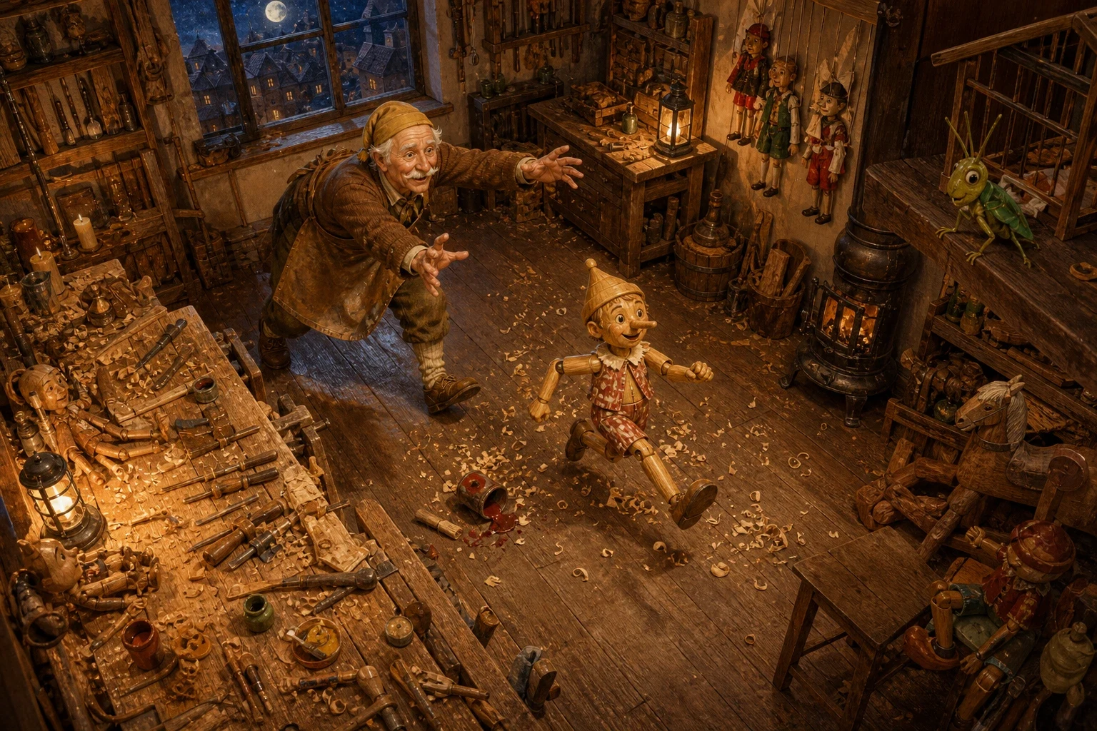 All through the night Geppetto carved, and as he worked a strange and wonderful thing happened. The moment he shaped the eyes, they blinked and looked at him.