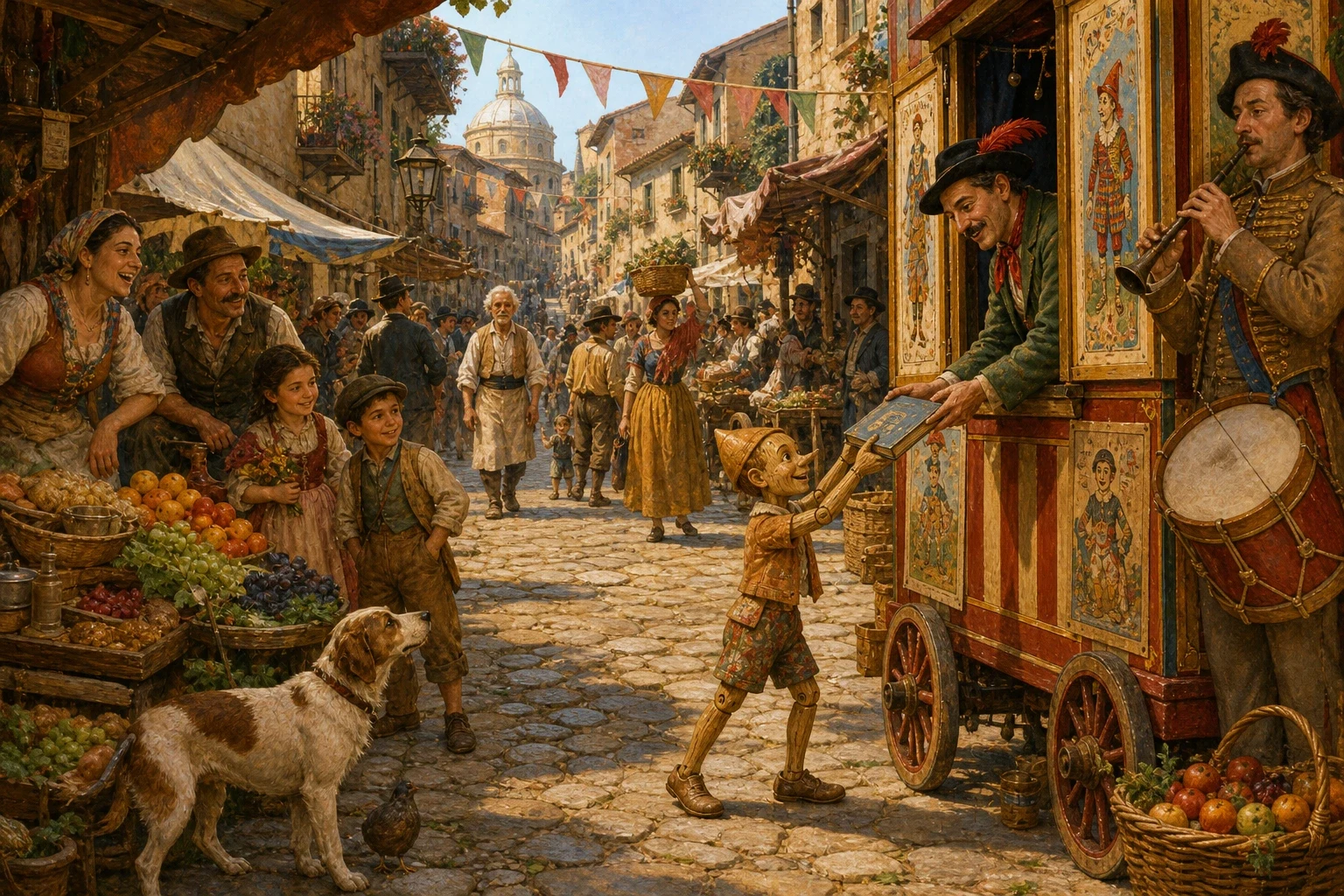 Geppetto loved Pinocchio so dearly that he sold his only coat to buy him a spelling-book, and sent him off to school to learn to read and write like a real boy.