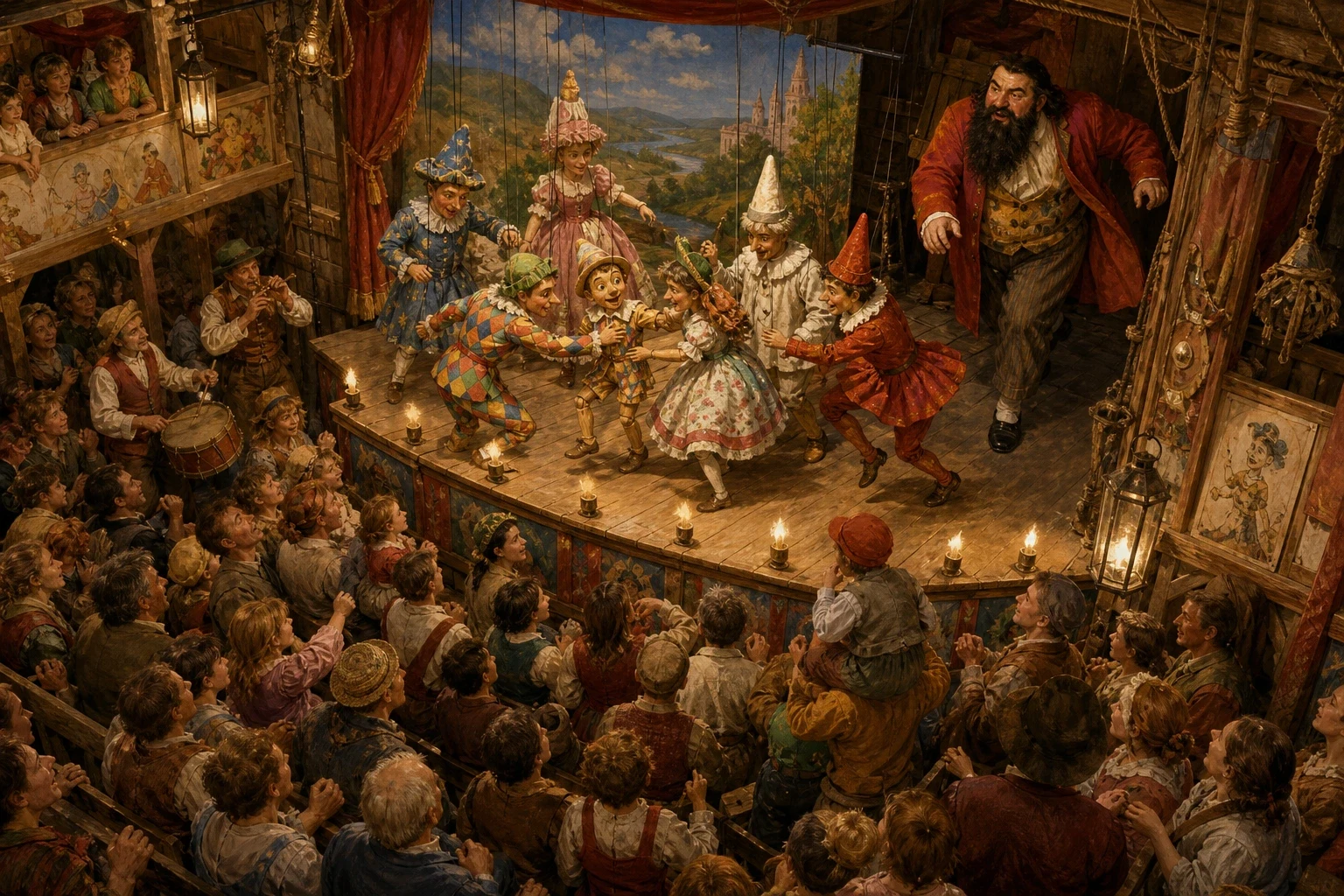 Inside, the little theatre was packed and roaring with laughter as the marionettes danced upon the stage. But the moment the puppets caught sight of Pinocchio…