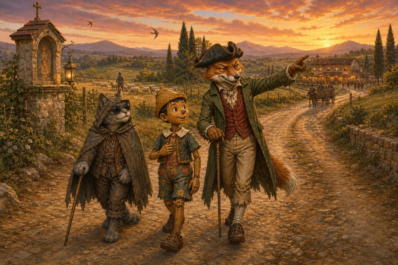 On the road home, his five gold coins jingling in his pocket, Pinocchio fell in with two sorry-looking travellers: a Fox who limped along on a cane, pretending…