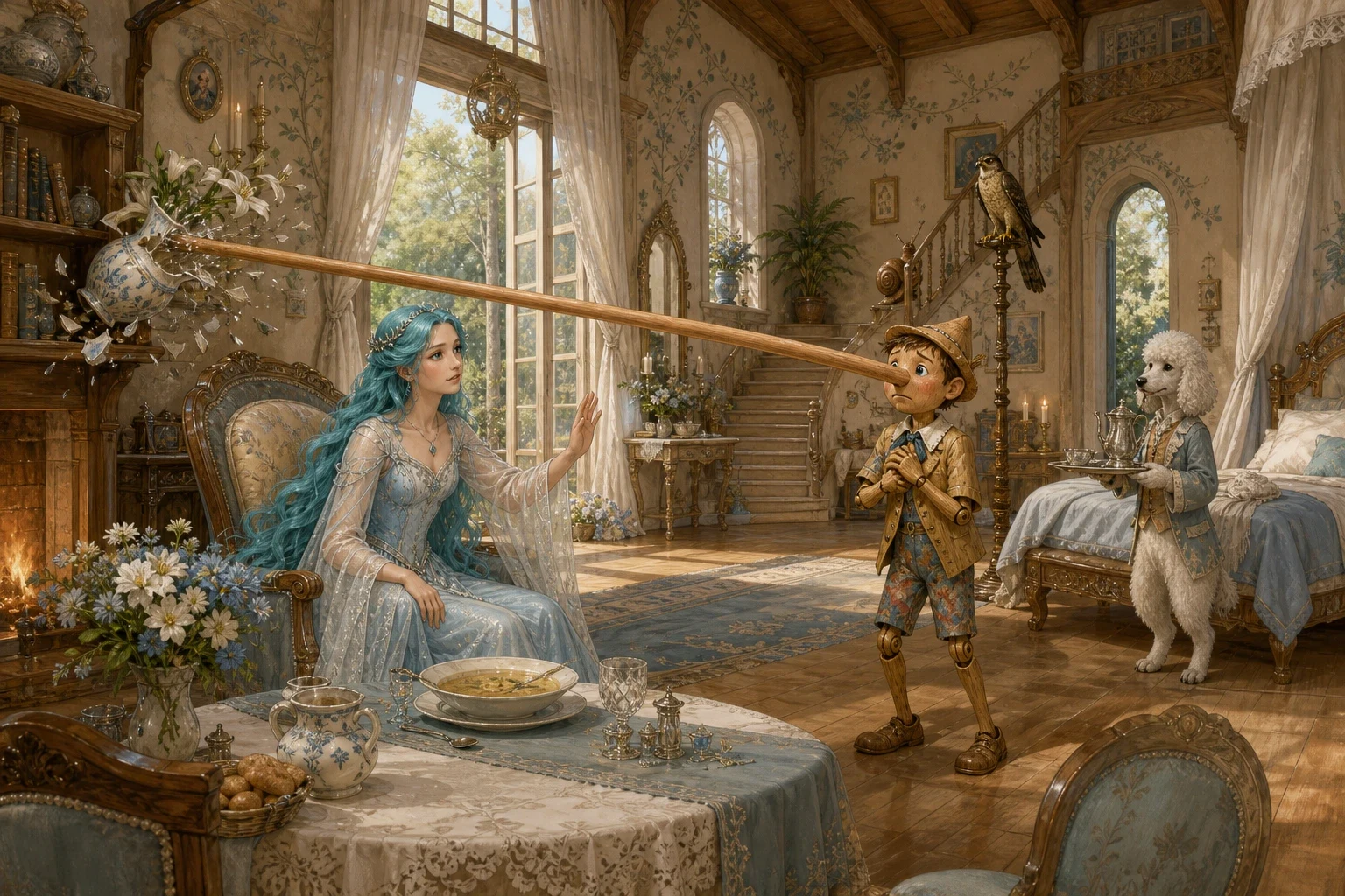 The rogues' trick went wrong, and at last Pinocchio found his way, tired and sorry, to a little white cottage in the woods.