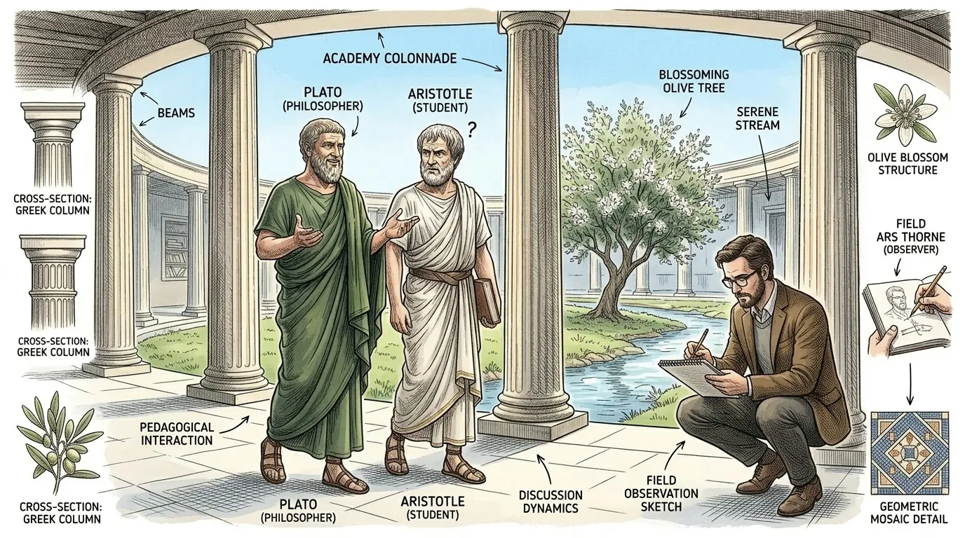 Later, walking through the shaded colonnades of the Academy, Plato conversed with his brilliant young student, Aristotle, about the nature of reality. Later, walking through the shaded colonnades of the Academy, Plato conversed with his brilliant young student, Aristotle, about the nature of reality.