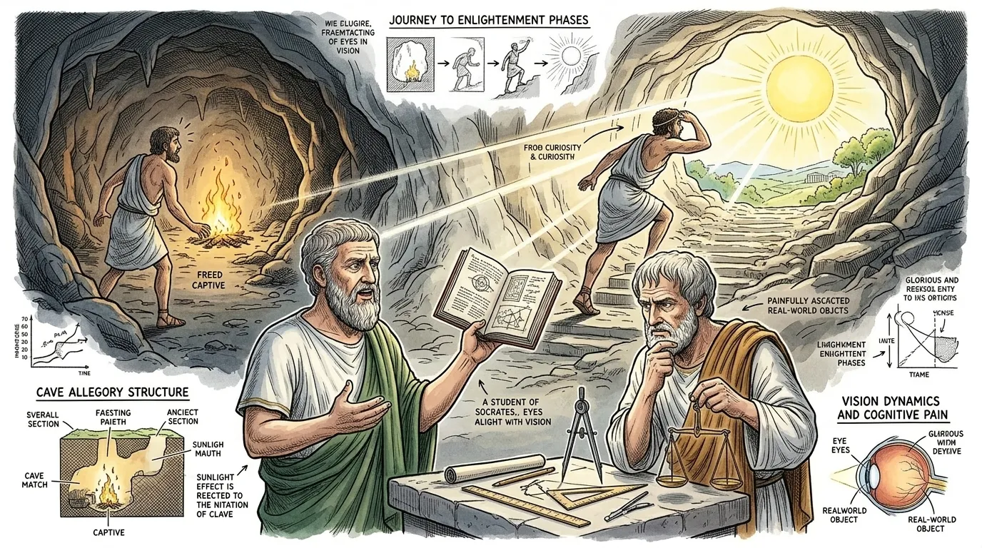 Plato continued, his narrative leading them from the dim confines of the cave into the blinding brilliance outside. ""Now, imagine one prisoner is freed, forced… Plato continued, his narrative leading them from the dim confines of the cave into the blinding brilliance outside. ""Now, imagine one prisoner is freed, forced…