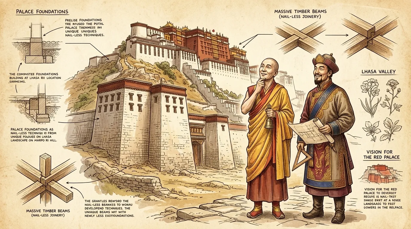 第五世达赖喇嘛阿旺·洛桑·嘉措站在西藏拉萨雄伟的布达拉宫前,时值约一六四九年。这座宫殿是藏传佛教建筑的巍峨典范,傲然矗立,俯瞰大地。 第五世达赖喇嘛阿旺·洛桑·嘉措站在西藏拉萨雄伟的布达拉宫前,时值约一六四九年。这座宫殿是藏传佛教建筑的巍峨典范,傲然矗立,俯瞰大地。