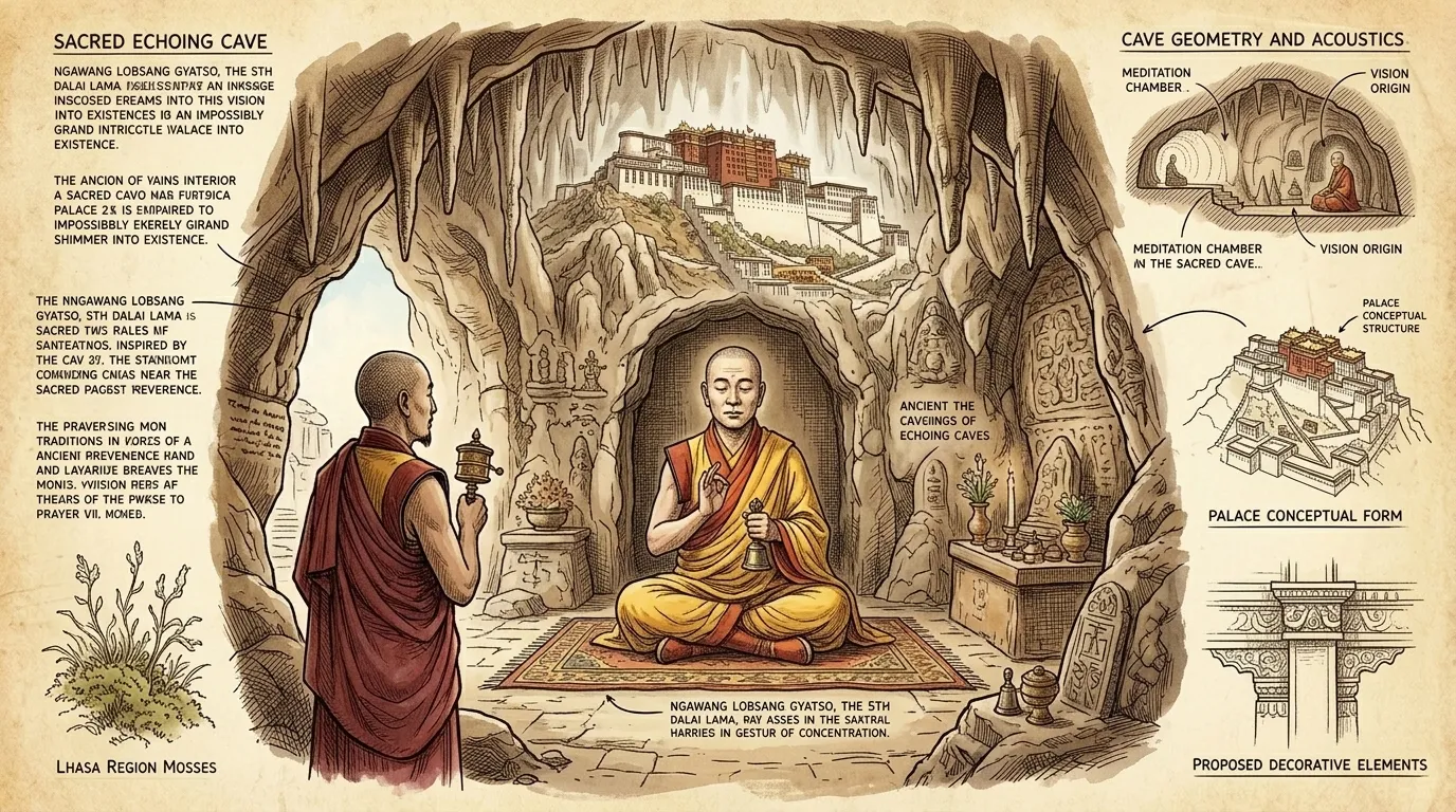在承担他完整的精神职责之前,年轻的阿旺·洛桑·嘉措隐居到拉萨附近的一个神圣洞穴中。在这里,在回荡的寂静中,他深入冥想,寻求指引。 在承担他完整的精神职责之前,年轻的阿旺·洛桑·嘉措隐居到拉萨附近的一个神圣洞穴中。在这里,在回荡的寂静中,他深入冥想,寻求指引。