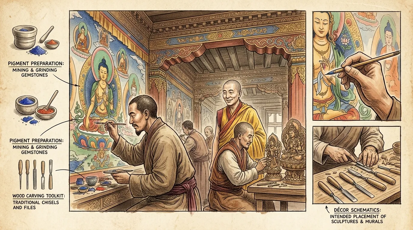 布达拉宫内部装饰着无数艺术品,包括壁画、雕塑和唐卡(宗教绘画)。这些作品描绘了佛教神祇、历史事件和藏族神话场景。 布达拉宫内部装饰着无数艺术品,包括壁画、雕塑和唐卡(宗教绘画)。这些作品描绘了佛教神祇、历史事件和藏族神话场景。
