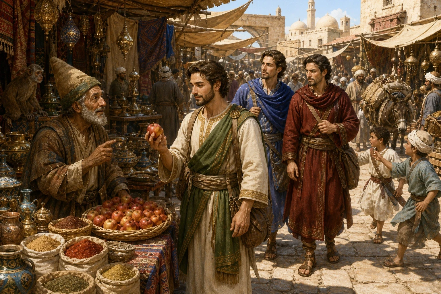 The three princes set out, each taking a different path to search the world for a truly unique treasure. Prince Houssain traveled north, Prince Ali went west…