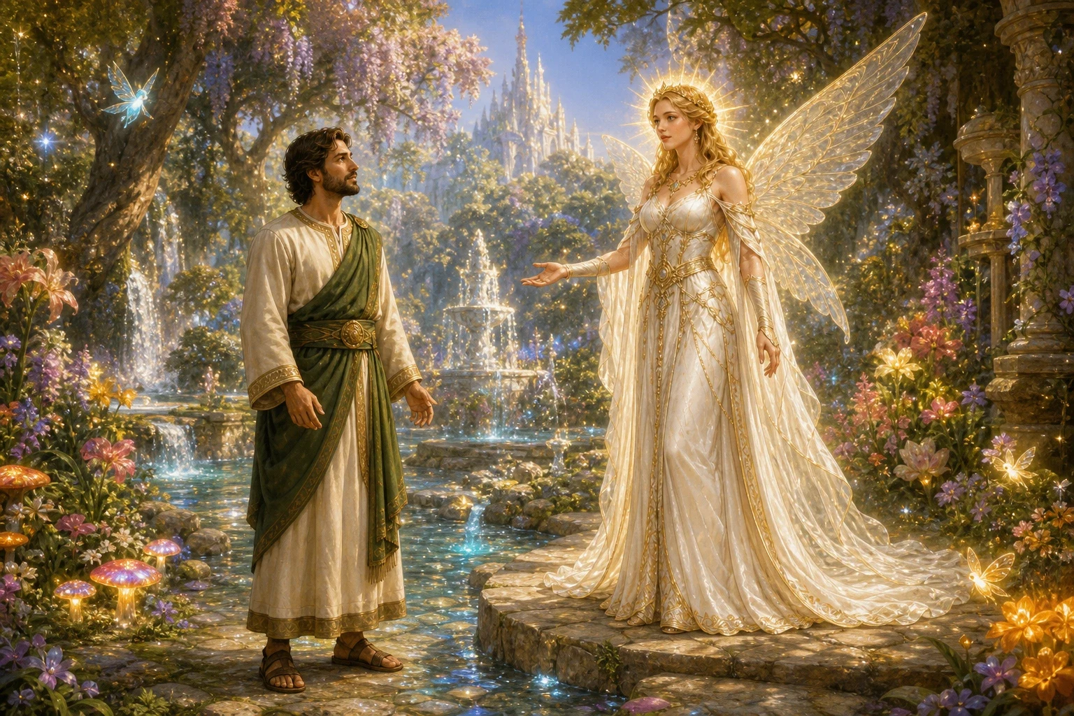 Guided by the Dervish's wise words, Prince Ahmed bravely journeyed to the enchanted land where the Fairy Pari Banou held court.