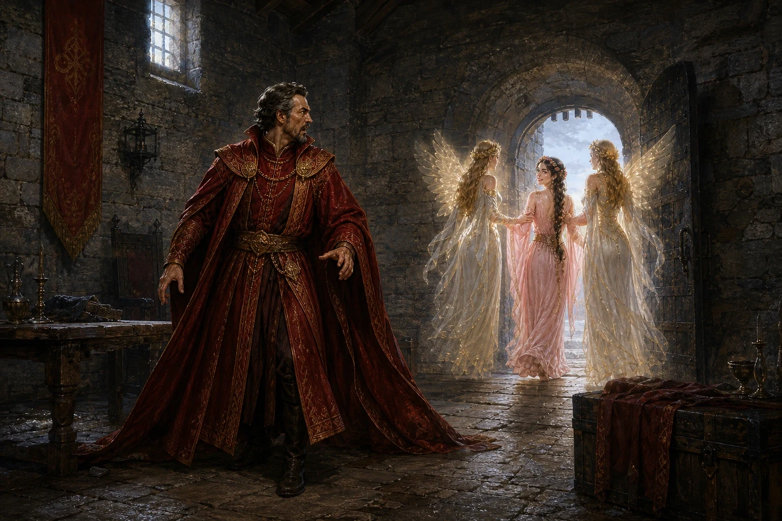 When Ahmed, with a heavy heart, told Pari Banou about Princess Nouronnihar's cruel abduction by his brother, the Fairy Queen was deeply moved by his sorrow.