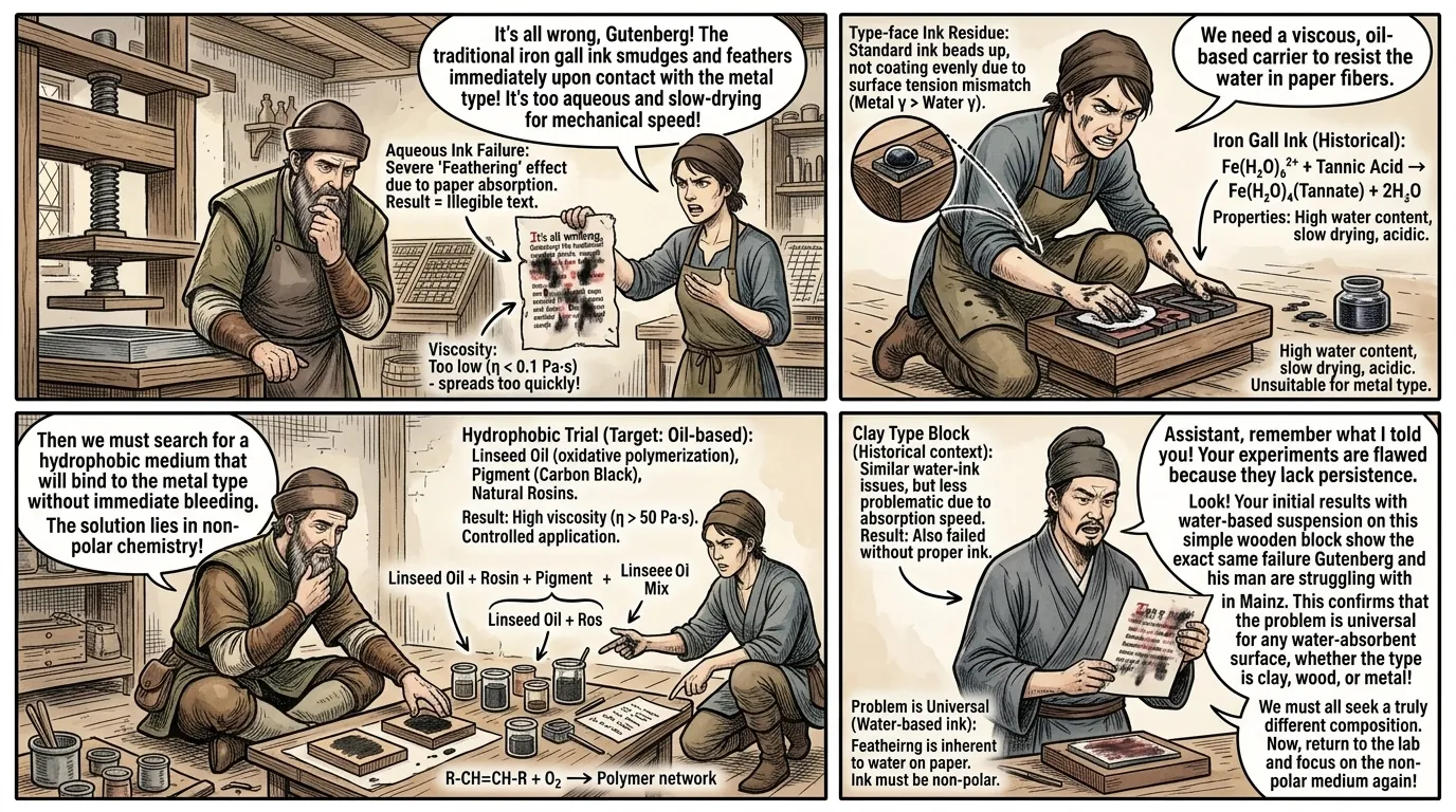Les encres existantes à l'époque de Gutenberg, principalement des formulations à base d'eau comme l'encre ferro-gallique ou les suspensions de noir de carbone…