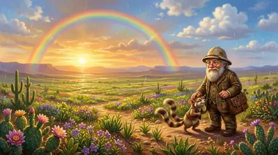 当第一滴雨落在彩绘沙漠上时，沃布尔巴顿教授笑了。“我们做到了，皮普！”他喊道。皮普蹭了蹭教授的腿。“沙漠会再次绽放！”他回答。