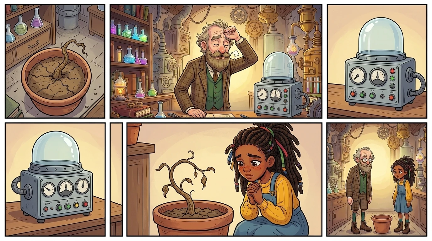 The vine withered, shrinking back into the soil. The lab equipment settled back into place. The Whimsical Wavelength Wonder buzzed softly, then fell silent.