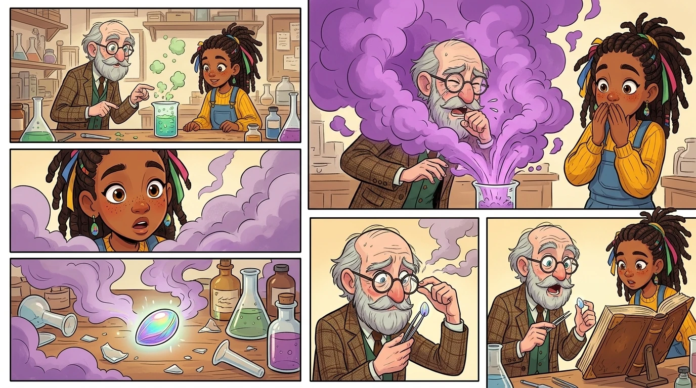 Suddenly, the potion erupted in a geyser of purple smoke, filling the laboratory. "Oops!" the Professor coughed, waving away the fumes.