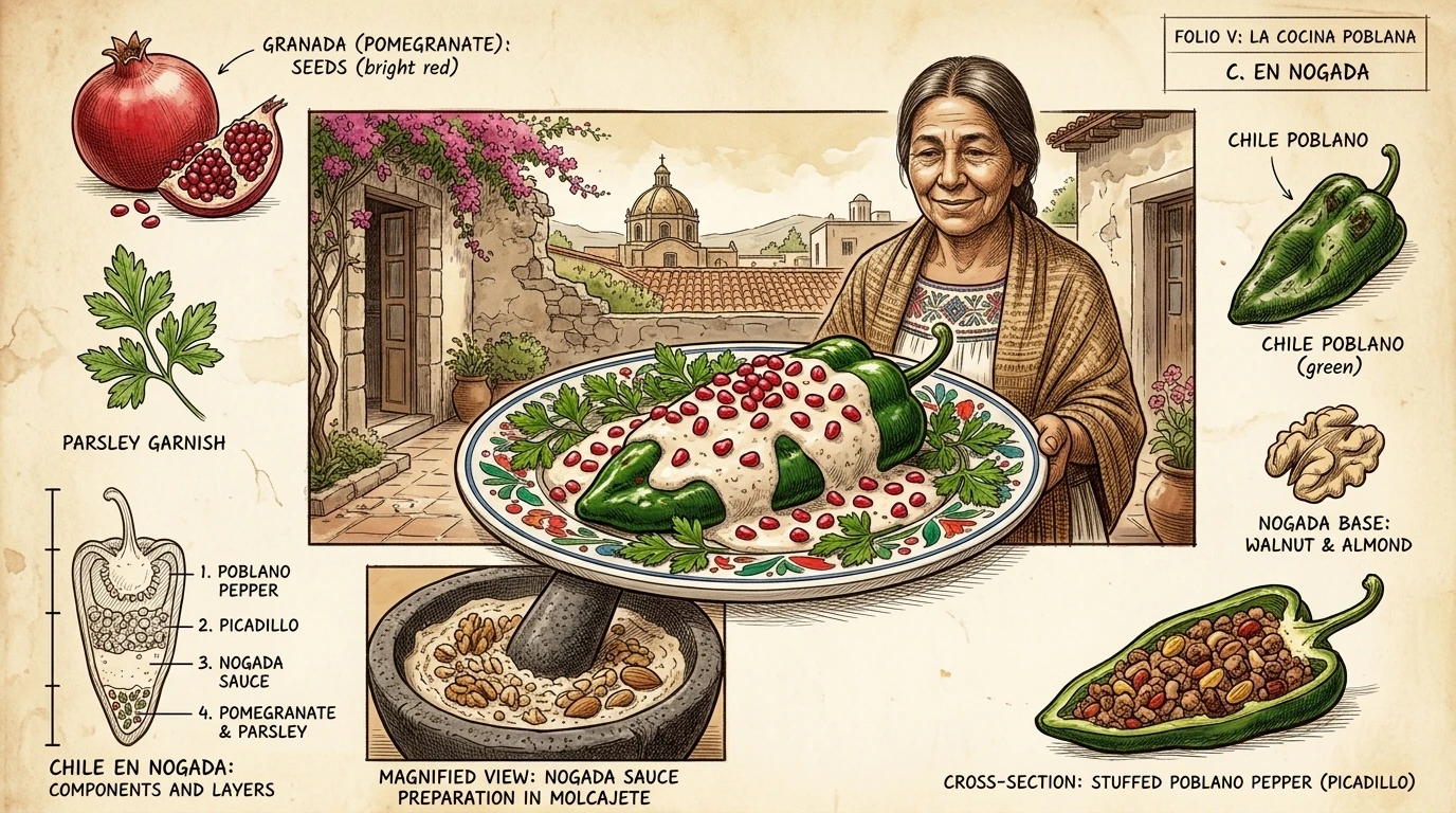 智利恩诺加达(Chiles en Nogada)是一道以波布拉诺辣椒为主的菜肴,辣椒里塞满了水果和肉,上面淋上核桃酱,撒上石榴籽,是爱国主义的象征。 智利恩诺加达(Chiles en Nogada)是一道以波布拉诺辣椒为主的菜肴,辣椒里塞满了水果和肉,上面淋上核桃酱,撒上石榴籽,是爱国主义的象征。