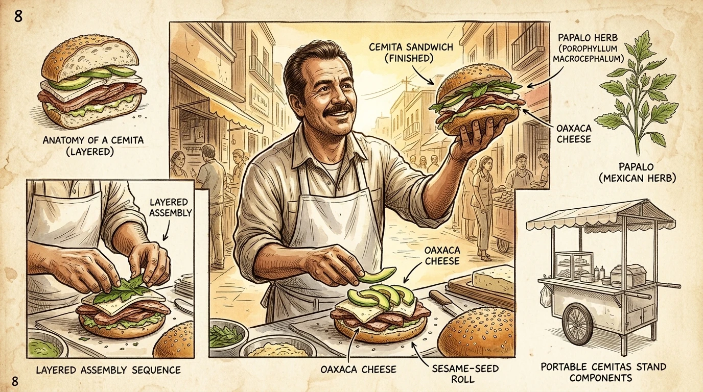 Cemitas 是一种丰盛的三明治,里面塞满了肉、奶酪、牛油果和 papalo,是普埃布拉的主食。这种三明治以其所用的铺满芝麻籽的面包卷命名。 Cemitas 是一种丰盛的三明治,里面塞满了肉、奶酪、牛油果和 papalo,是普埃布拉的主食。这种三明治以其所用的铺满芝麻籽的面包卷命名。