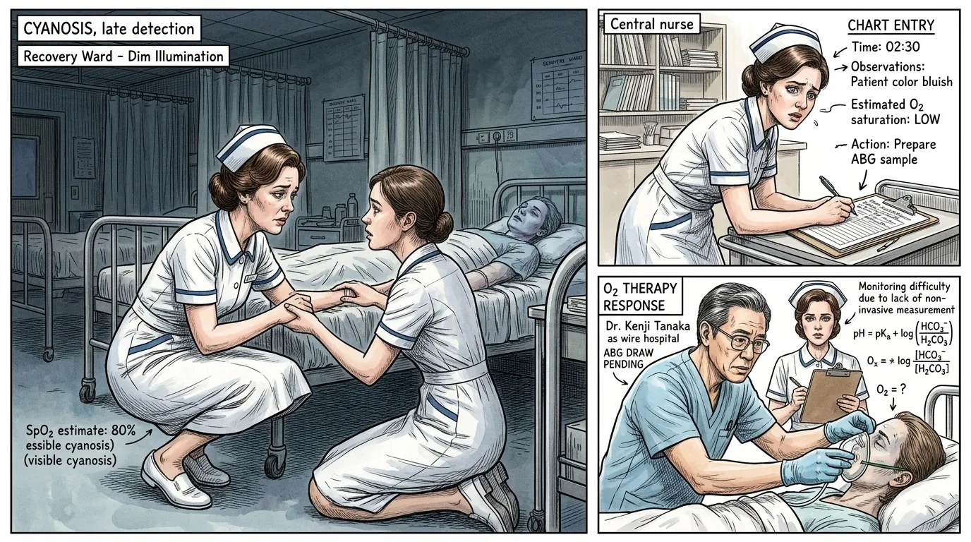 지속적인 모니터링이 없었을 때, 의료진은 심각한 산소 결핍을 나타내는 피부의 푸른 변색인 청색증과 같은 시각적 단서에 크게 의존했습니다. 지속적인 모니터링이 없었을 때, 의료진은 심각한 산소 결핍을 나타내는 피부의 푸른 변색인 청색증과 같은 시각적 단서에 크게 의존했습니다.